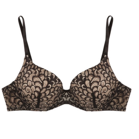 True & Co. High Line Push-up Lace Bra 36A Black on Nude - Picture 1 of 3